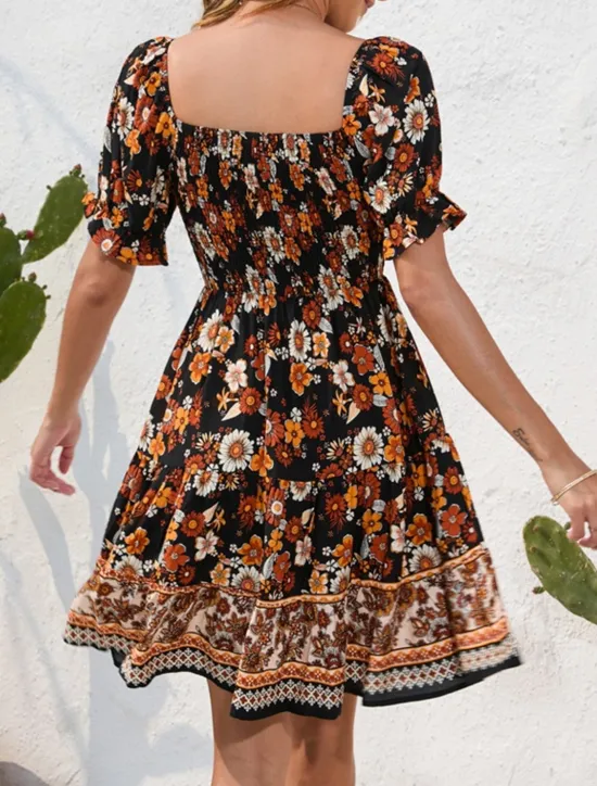 Women's Mini Dress Petite Dress Casual Dress Summer Dress Boho Dress Elegant Stylish Lantern Sleeve Vacation Daily Date Regular Fit Floral Short Sleeve Square Neck Black Pink Blue Summer Women Spring Dresses