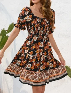 Women's Mini Dress Petite Dress Casual Dress Summer Dress Boho Dress Elegant Stylish Lantern Sleeve Vacation Daily Date Regular Fit Floral Short Sleeve Square Neck Black Pink Blue Summer Women Spring Dresses