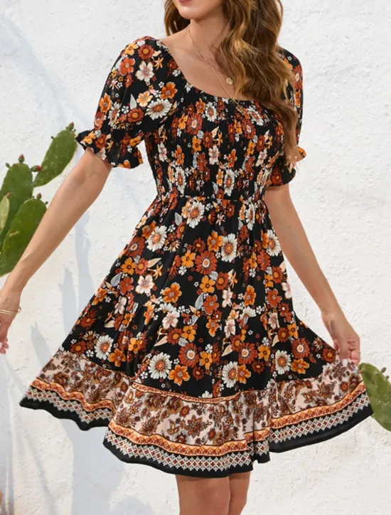 Women's Mini Dress Petite Dress Casual Dress Summer Dress Boho Dress Elegant Stylish Lantern Sleeve Vacation Daily Date Regular Fit Floral Short Sleeve Square Neck Black Pink Blue Summer Women Spring Dresses
