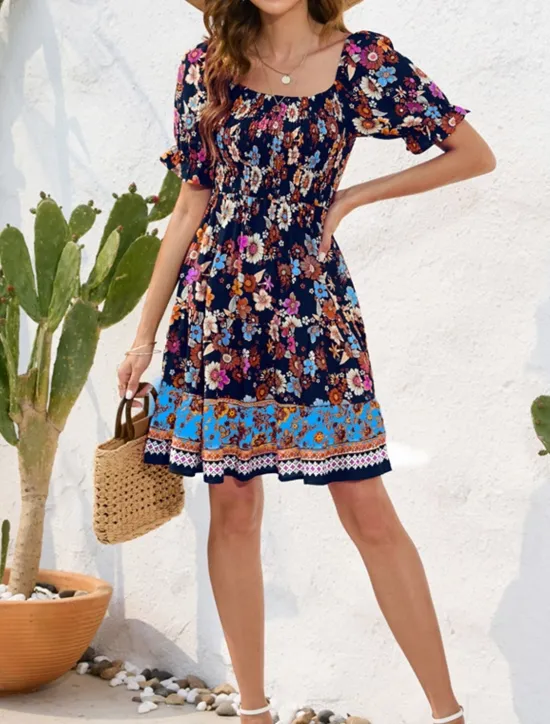 Women's Mini Dress Petite Dress Casual Dress Summer Dress Boho Dress Elegant Stylish Lantern Sleeve Vacation Daily Date Regular Fit Floral Short Sleeve Square Neck Black Pink Blue Summer Women Spring Dresses