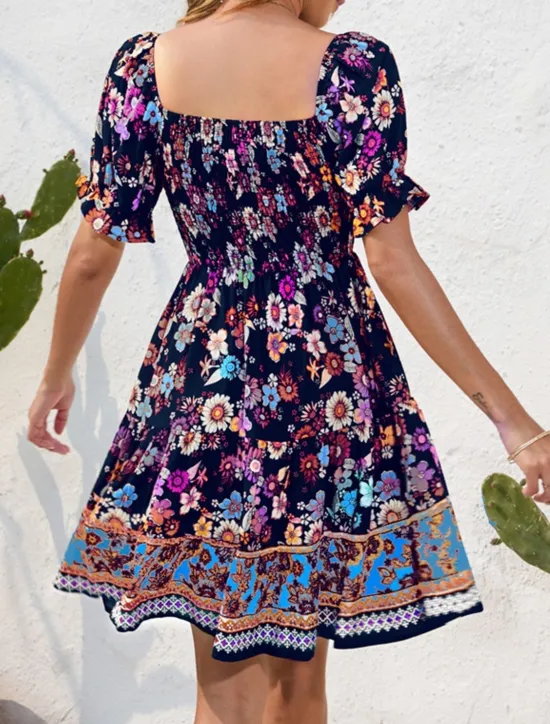 Women's Mini Dress Petite Dress Casual Dress Summer Dress Boho Dress Elegant Stylish Lantern Sleeve Vacation Daily Date Regular Fit Floral Short Sleeve Square Neck Black Pink Blue Summer Women Spring Dresses