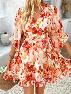 Clearance Women's Mini Dress Petite Dress Casual Dress Floral Dress Summer Dress Slip Dress Fashion Modern Daily Beach Weekend Regular Fit Floral 3/4 Length Sleeve V Neck Black Yellow Orange Green Summer Women Floral Dresses