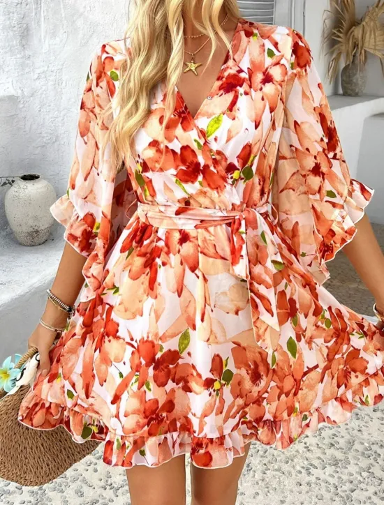 Clearance Women's Mini Dress Petite Dress Casual Dress Floral Dress Summer Dress Slip Dress Fashion Modern Daily Beach Weekend Regular Fit Floral 3/4 Length Sleeve V Neck Black Yellow Orange Green Summer Women Floral Dresses