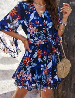 Clearance Women's Mini Dress Petite Dress Casual Dress Floral Dress Summer Dress Slip Dress Fashion Modern Daily Beach Weekend Regular Fit Floral 3/4 Length Sleeve V Neck Black Yellow Orange Green Summer Women Floral Dresses