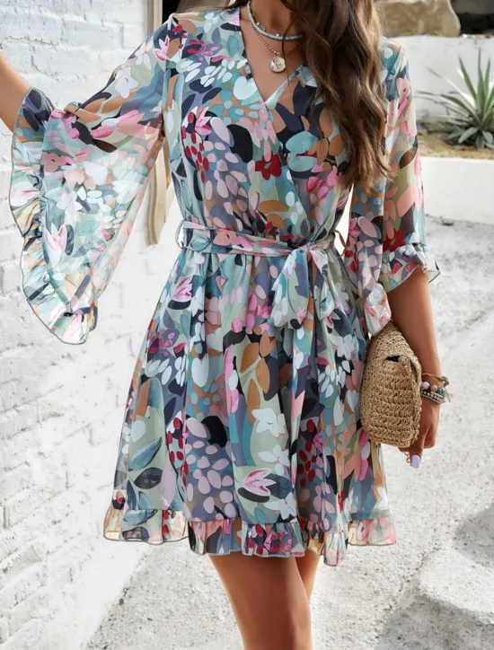 Clearance Women's Mini Dress Petite Dress Casual Dress Floral Dress Summer Dress Slip Dress Fashion Modern Daily Beach Weekend Regular Fit Floral 3/4 Length Sleeve V Neck Black Yellow Orange Green Summer Women Floral Dresses