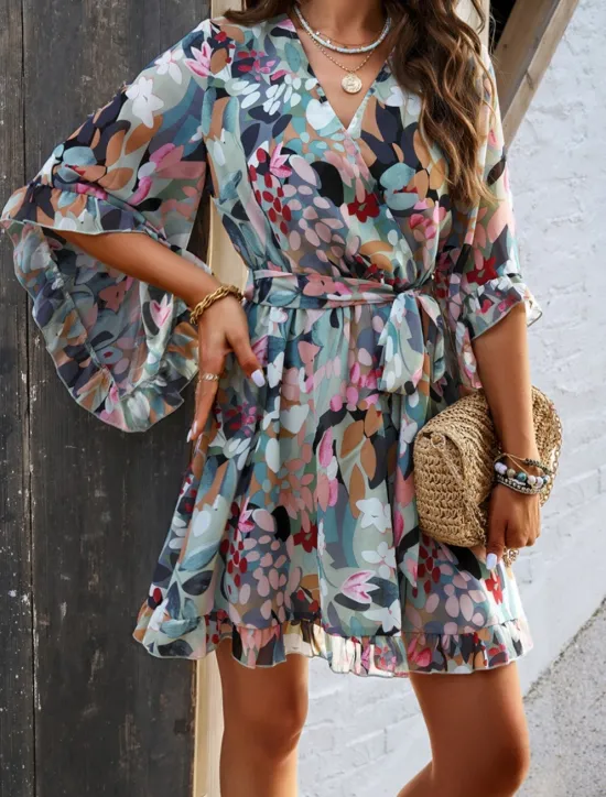 Clearance Women's Mini Dress Petite Dress Casual Dress Floral Dress Summer Dress Slip Dress Fashion Modern Daily Beach Weekend Regular Fit Floral 3/4 Length Sleeve V Neck Black Yellow Orange Green Summer Women Floral Dresses