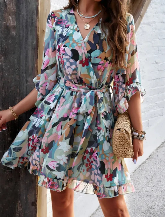 Clearance Women's Mini Dress Petite Dress Casual Dress Floral Dress Summer Dress Slip Dress Fashion Modern Daily Beach Weekend Regular Fit Floral 3/4 Length Sleeve V Neck Black Yellow Orange Green Summer Women Floral Dresses