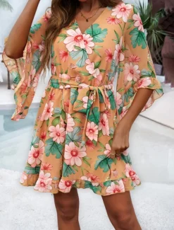 Clearance Women's Mini Dress Petite Dress Casual Dress Floral Dress Summer Dress Slip Dress Fashion Modern Daily Beach Weekend Regular Fit Floral 3/4 Length Sleeve V Neck Black Yellow Orange Green Summer Women Floral Dresses