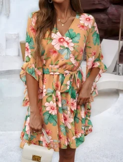 Clearance Women's Mini Dress Petite Dress Casual Dress Floral Dress Summer Dress Slip Dress Fashion Modern Daily Beach Weekend Regular Fit Floral 3/4 Length Sleeve V Neck Black Yellow Orange Green Summer Women Floral Dresses