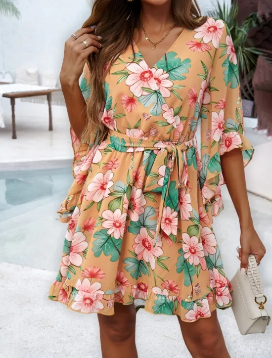 Clearance Women's Mini Dress Petite Dress Casual Dress Floral Dress Summer Dress Slip Dress Fashion Modern Daily Beach Weekend Regular Fit Floral 3/4 Length Sleeve V Neck Black Yellow Orange Green Summer Women Floral Dresses