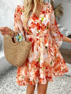 Clearance Women's Mini Dress Petite Dress Casual Dress Floral Dress Summer Dress Slip Dress Fashion Modern Daily Beach Weekend Regular Fit Floral 3/4 Length Sleeve V Neck Black Yellow Orange Green Summer Women Floral Dresses