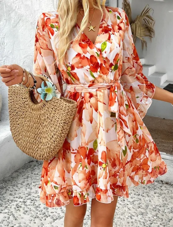 Clearance Women's Mini Dress Petite Dress Casual Dress Floral Dress Summer Dress Slip Dress Fashion Modern Daily Beach Weekend Regular Fit Floral 3/4 Length Sleeve V Neck Black Yellow Orange Green Summer Women Floral Dresses