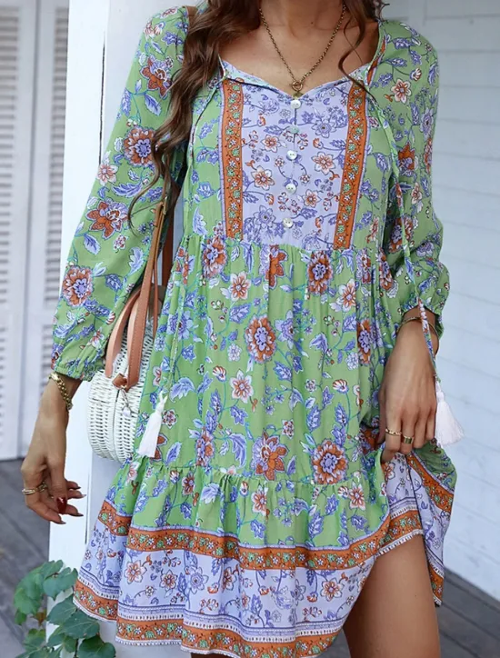 Women's Mini Dress Petite Dress Casual Dress Summer Dress Boho Dress Fashion Outdoor Vacation Daily Regular Fit Floral 3/4 Length Sleeve V Neck Yellow Pink Blue Green Summer Women Floral Dresses