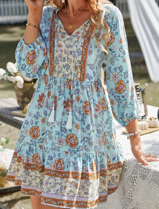 Women's Mini Dress Petite Dress Casual Dress Summer Dress Boho Dress Fashion Outdoor Vacation Daily Regular Fit Floral 3/4 Length Sleeve V Neck Yellow Pink Blue Green Summer Women Floral Dresses
