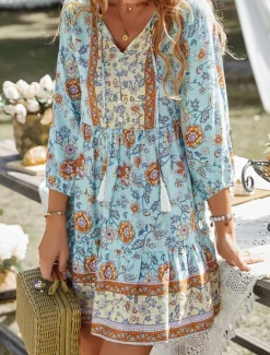 Women's Mini Dress Petite Dress Casual Dress Summer Dress Boho Dress Fashion Outdoor Vacation Daily Regular Fit Floral 3/4 Length Sleeve V Neck Yellow Pink Blue Green Summer Women Floral Dresses