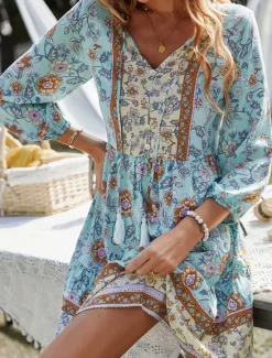 Women's Mini Dress Petite Dress Casual Dress Summer Dress Boho Dress Fashion Outdoor Vacation Daily Regular Fit Floral 3/4 Length Sleeve V Neck Yellow Pink Blue Green Summer Women Floral Dresses