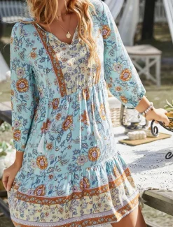 Women's Mini Dress Petite Dress Casual Dress Summer Dress Boho Dress Fashion Outdoor Vacation Daily Regular Fit Floral 3/4 Length Sleeve V Neck Yellow Pink Blue Green Summer Women Floral Dresses