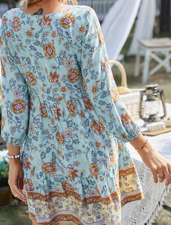 Women's Mini Dress Petite Dress Casual Dress Summer Dress Boho Dress Fashion Outdoor Vacation Daily Regular Fit Floral 3/4 Length Sleeve V Neck Yellow Pink Blue Green Summer Women Floral Dresses