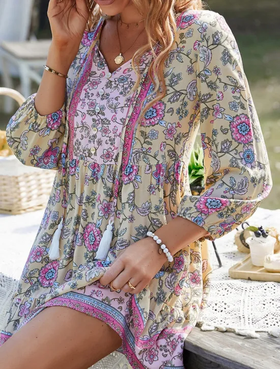 Women's Mini Dress Petite Dress Casual Dress Summer Dress Boho Dress Fashion Outdoor Vacation Daily Regular Fit Floral 3/4 Length Sleeve V Neck Yellow Pink Blue Green Summer Women Floral Dresses
