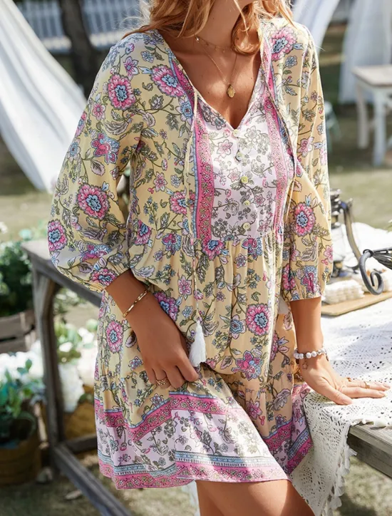 Women's Mini Dress Petite Dress Casual Dress Summer Dress Boho Dress Fashion Outdoor Vacation Daily Regular Fit Floral 3/4 Length Sleeve V Neck Yellow Pink Blue Green Summer Women Floral Dresses