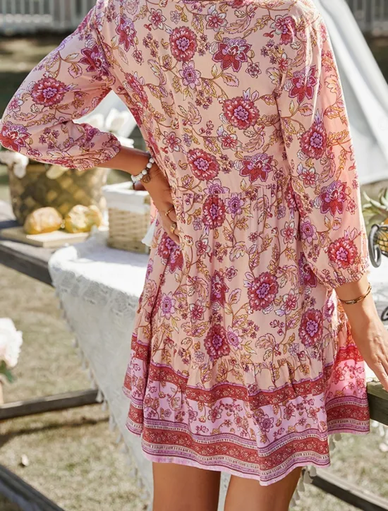 Women's Mini Dress Petite Dress Casual Dress Summer Dress Boho Dress Fashion Outdoor Vacation Daily Regular Fit Floral 3/4 Length Sleeve V Neck Yellow Pink Blue Green Summer Women Floral Dresses