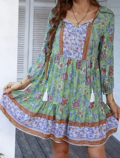 Women's Mini Dress Petite Dress Casual Dress Summer Dress Boho Dress Fashion Outdoor Vacation Daily Regular Fit Floral 3/4 Length Sleeve V Neck Yellow Pink Blue Green Summer Women Floral Dresses