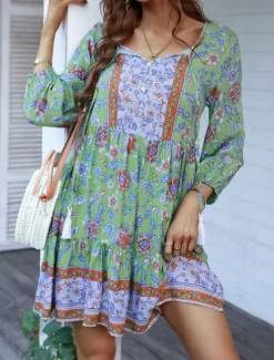 Women's Mini Dress Petite Dress Casual Dress Summer Dress Boho Dress Fashion Outdoor Vacation Daily Regular Fit Floral 3/4 Length Sleeve V Neck Yellow Pink Blue Green Summer Women Floral Dresses