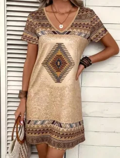 Sale Women's Mini Dress Petite Dress T Shirt Dress Tee Dress Sundress A Line Dress Casual Vacation Birthday Casual Loose Fit Geometric Short Sleeve V Neck Summer Women T Shirt Dresses