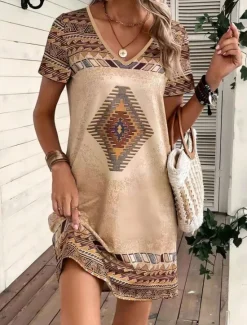 Sale Women's Mini Dress Petite Dress T Shirt Dress Tee Dress Sundress A Line Dress Casual Vacation Birthday Casual Loose Fit Geometric Short Sleeve V Neck Summer Women T Shirt Dresses