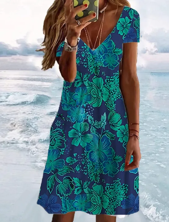 Hot Women's Mini Dress Petite Dress T Shirt Dress Tee Dress Sundress Summer Dress Active Fashion Streetwear Outdoor Vacation Birthday Regular Fit Floral Short Sleeve V Neck Navy Blue Blue Women Spring Dresses|T Shirt Dresses