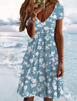 Hot Women's Mini Dress Petite Dress T Shirt Dress Tee Dress Sundress Summer Dress Active Fashion Streetwear Outdoor Vacation Birthday Regular Fit Floral Short Sleeve V Neck Navy Blue Blue Women Spring Dresses|T Shirt Dresses