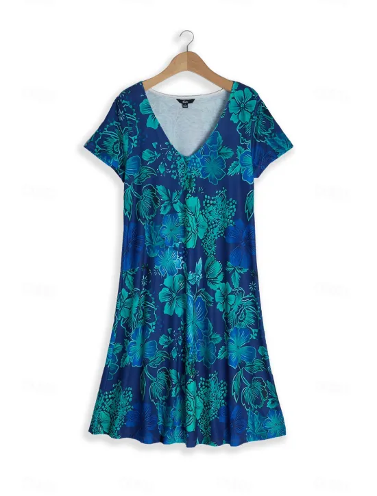 Hot Women's Mini Dress Petite Dress T Shirt Dress Tee Dress Sundress Summer Dress Active Fashion Streetwear Outdoor Vacation Birthday Regular Fit Floral Short Sleeve V Neck Navy Blue Blue Women Spring Dresses|T Shirt Dresses