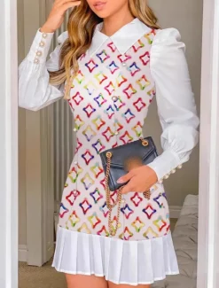 Clearance Women's Mini Dress Pleated Dress Cute Stylish Regular Fit Plaid Long Sleeve Shirt Collar Black Red Rainbow Spring Fall Winter Women Work Dresses