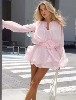 Sale Women's Mini Dress Ruffle Dress Vacation Birthday Cocktail Flare Cuff Sleeve Party Birthday Daily Regular Fit Plain Long Sleeve Crew Neck White Pink Summer Spring Fall Women Casual Dress