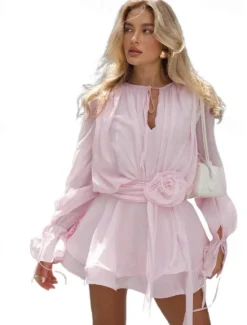 Sale Women's Mini Dress Ruffle Dress Vacation Birthday Cocktail Flare Cuff Sleeve Party Birthday Daily Regular Fit Plain Long Sleeve Crew Neck White Pink Summer Spring Fall Women Casual Dress