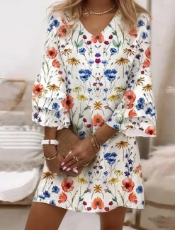 New Women's Mini Dress Semi Formal Dress Mini Dress Petite Dress Sundress A Line Dress Fashion Classic Modern Ruffle Sleeve Flared Sleeve Vacation Daily Holiday Regular Fit Floral Graphic Leaf 3/4 Length Women Spring Dresses|Vacation Dresses