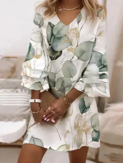 New Women's Mini Dress Semi Formal Dress Mini Dress Petite Dress Sundress A Line Dress Fashion Classic Modern Ruffle Sleeve Flared Sleeve Vacation Daily Holiday Regular Fit Floral Graphic Leaf 3/4 Length Women Spring Dresses|Vacation Dresses
