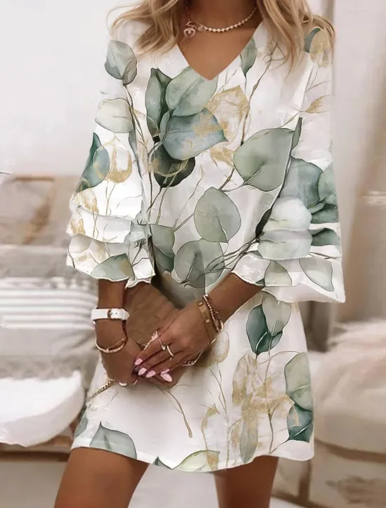 New Women's Mini Dress Semi Formal Dress Mini Dress Petite Dress Sundress A Line Dress Fashion Classic Modern Ruffle Sleeve Flared Sleeve Vacation Daily Holiday Regular Fit Floral Graphic Leaf 3/4 Length Women Spring Dresses|Vacation Dresses