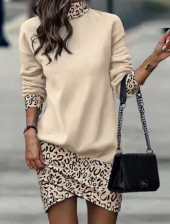 New Women's Mini Dress Sheath Dress Casual Daily Regular Fit Floral Striped Long Sleeve High Neck Black White Yellow Apricot Spring Fall Winter Women Casual Dress