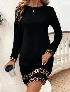 Online Women's Mini Dress Sheath Dress Casual Daily Regular Fit Leopard Long Sleeve Crew Neck Black Navy Blue Purple Summer Winter Women Casual Dress