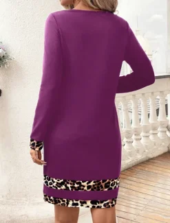 Online Women's Mini Dress Sheath Dress Casual Daily Regular Fit Leopard Long Sleeve Crew Neck Black Navy Blue Purple Summer Winter Women Casual Dress