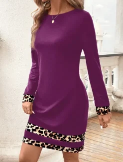Online Women's Mini Dress Sheath Dress Casual Daily Regular Fit Leopard Long Sleeve Crew Neck Black Navy Blue Purple Summer Winter Women Casual Dress