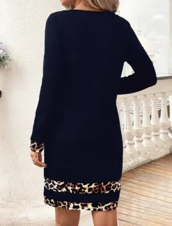 Online Women's Mini Dress Sheath Dress Casual Daily Regular Fit Leopard Long Sleeve Crew Neck Black Navy Blue Purple Summer Winter Women Casual Dress