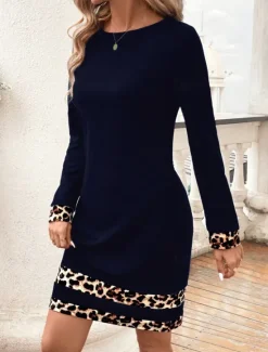 Online Women's Mini Dress Sheath Dress Casual Daily Regular Fit Leopard Long Sleeve Crew Neck Black Navy Blue Purple Summer Winter Women Casual Dress