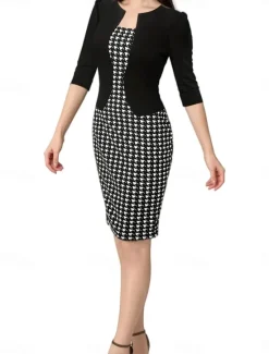 New Women's Mini Dress Sheath Dress Elegant Stylish Sexy Regular Fit Floral 3/4 Length Sleeve Square Neck Black Pink Summer Spring Fall Women Work Dresses