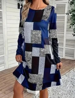 Sale Women's Mini Dress Sheath Dress A Line Dress Fit And Flare Dress Party Casual Boho Party Wedding Guest Daily Regular Fit Graphic Geometric Plaid Long Sleeve Crew Neck Blue Purple Green Gray Spring Women Cocktail Dress