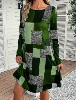 Sale Women's Mini Dress Sheath Dress A Line Dress Fit And Flare Dress Party Casual Boho Party Wedding Guest Daily Regular Fit Graphic Geometric Plaid Long Sleeve Crew Neck Blue Purple Green Gray Spring Women Cocktail Dress