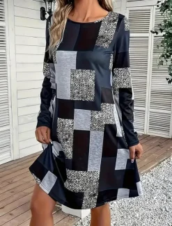Sale Women's Mini Dress Sheath Dress A Line Dress Fit And Flare Dress Party Casual Boho Party Wedding Guest Daily Regular Fit Graphic Geometric Plaid Long Sleeve Crew Neck Blue Purple Green Gray Spring Women Cocktail Dress