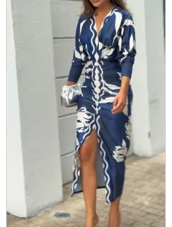 Hot Women's Mini Dress Sheath Dress Vacation Casual Boho Outdoor Going out Beach Slim Floral Graphic Long Sleeve V Neck Blue Orange Summer Spring Women Vacation Dresses