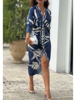 Hot Women's Mini Dress Sheath Dress Vacation Casual Boho Outdoor Going out Beach Slim Floral Graphic Long Sleeve V Neck Blue Orange Summer Spring Women Vacation Dresses